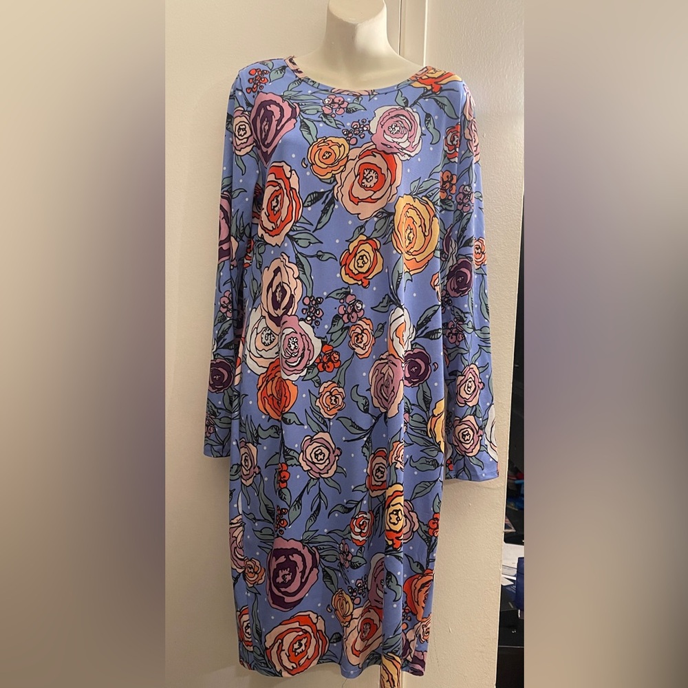 LULAROE floral flower longsleeve blue red pink bodycon Mid Dress - Picture 3 of 5